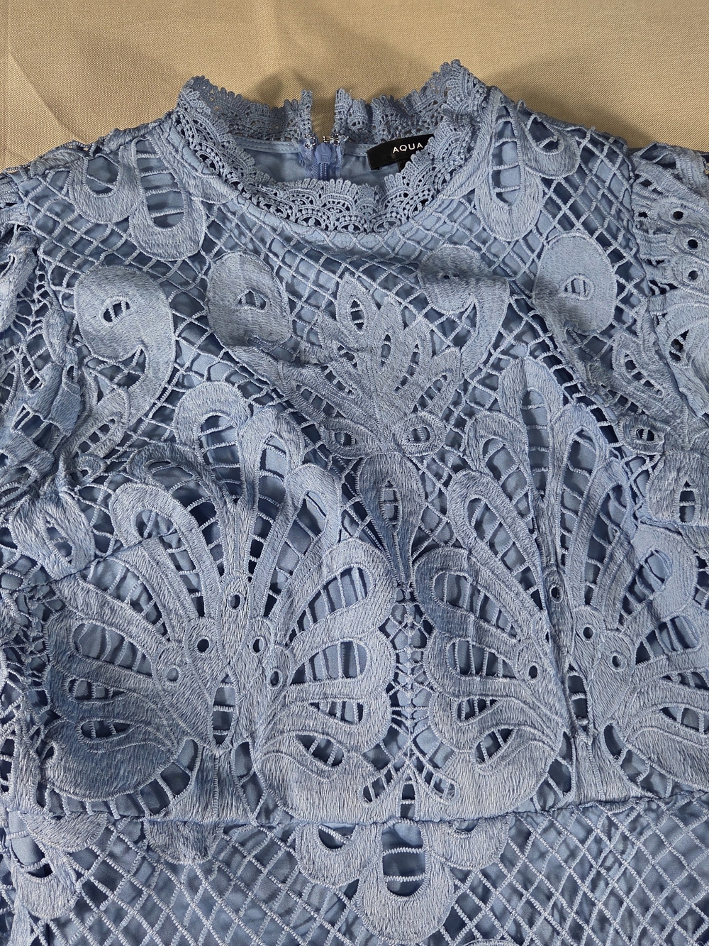 AQUA Blue Lace Mock Neck Long Sleeve Mini Dress Size L Romantic Ruffle Hem - Picture 7 of 10